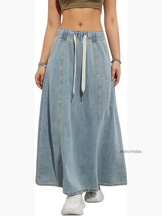 Dresses & Skirts - High Rise Flare Maxi Denim Skirt with Pockets, Elastic Waist, Bohemian Style